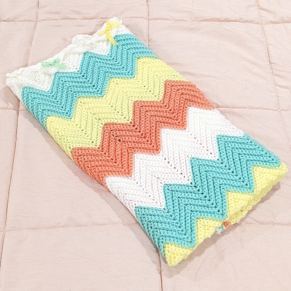 Handmade Knit Chevron Crochet Baby Blanket 44”x50” Orange Aqua